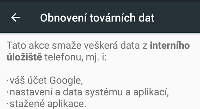 Obnovení telefonu do továrního nastavení